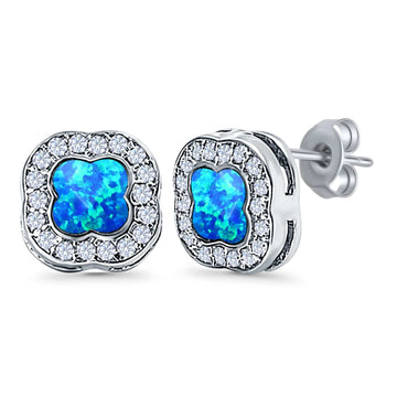 Halo Stud Earring Lab Created Blue Opal Simulated CZ 925 Sterling Silver (11mm)